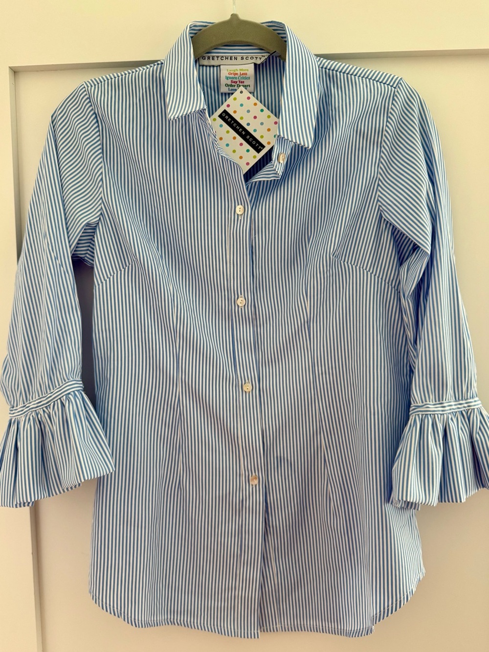 Gretchen Scott Priss Blue & White Striped Ruffle Sleeve Button-Up NWT